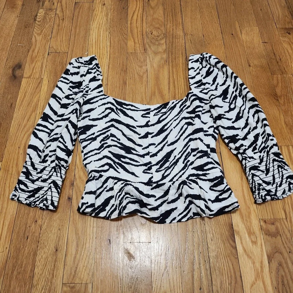 Reformation Black and Cream Zebra Print Puff Sleeve Blouse